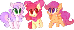 Size: 2127x880 | Tagged: safe, artist:cutiesparke, imported from derpibooru, apple bloom, scootaloo, sweetie belle, earth pony, pegasus, pony, unicorn, accessory, alternate hairstyle, bow, curly hair, cutie mark crusaders, hoof heart, looking at each other, looking at someone, raised hoof, shiny hair, simple background, spread wings, transparent background, trio, wings