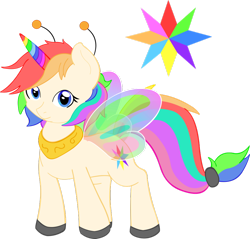 Size: 920x881 | Tagged: safe, artist:bluebean, imported from derpibooru, oc, oc only, breezie, pony, unicorn, antenna, butterfly wings, commission, cutie mark, female, horn, jewelry, mare, multicolored hair, rainbow, rainbow hair, regalia, simple background, smiling, transparent background, wings