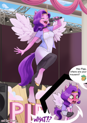Size: 2480x3508 | Tagged: safe, artist:pwnagespartan, imported from derpibooru, hitch trailblazer, pipp petals, anthro, earth pony, pegasus, unguligrade anthro, adorapipp, blushing, choker, clothes, cute, dress, embarrassed, eyes closed, female, g5, male, microphone, pants, singing, stage, unshorn fetlocks