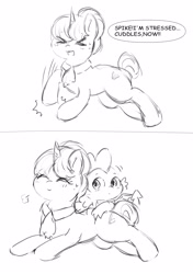 Size: 2689x3823 | Tagged: safe, artist:leo19969525, imported from derpibooru, raven, spike, dragon, pony, unicorn, 2 panel comic, ><, blushing, comic, cuddling, cute, duo, eyes closed, female, horn, male, mini comic, ravenbetes, ravenspike, shipping, sketch, smiling, straight, text