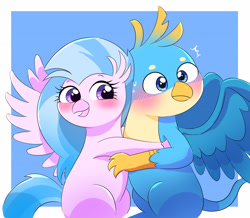 Size: 3252x2839 | Tagged: safe, artist:leo19969525, imported from derpibooru, gallus, silverstream, griffon, hippogriff, blue background, blushing, chibi, cute, diastreamies, duo, female, gallabetes, gallstream, hug, male, shipping, silverstream hugs gallus, simple background, spread wings, straight, wings