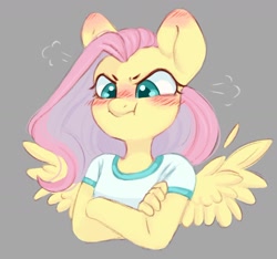 Size: 1154x1079 | Tagged: safe, artist:melodylibris, imported from derpibooru, fluttershy, anthro, pegasus, :t, angry, blushing, bust, clothes, crossed arms, cute, emanata, feather, female, frown, furrowed brow, gray background, madorable, peeved, pouting, shirt, shyabetes, simple background, solo, spread wings, t-shirt, three quarter view, wings