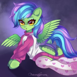 Size: 2048x2048 | Tagged: safe, artist:monstrum, imported from derpibooru, oc, oc only, pegasus, pony, big eyes, butt, clothes, cute, dock, hooves, looking at you, panties, plot, sexy, solo, stockings, sultry pose, tail, thigh highs, underwear, wings