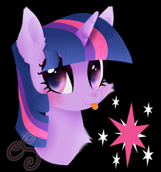 Size: 1744x1872 | Tagged: safe, artist:cutiesparke, imported from derpibooru, twilight sparkle, pony, unicorn, :p, black background, blushing, cheek fluff, chest fluff, cute, cutie mark, ear fluff, eyeshadow, female, lightly watermarked, looking sideways, makeup, shiny mane, simple background, solo, sparkly eyes, tongue out, twiabetes, unicorn twilight, watermark, wingding eyes
