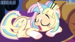 Size: 1280x720 | Tagged: safe, artist:daringdashie, artist:unknownvillage3, imported from derpibooru, oc, oc only, pony, unicorn, animated, bed, eyes closed, female, flower, flower in hair, gif, hairpin, mare, sleeping, snoring, solo