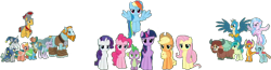 Size: 948x247 | Tagged: safe, artist:pascalmulokozi2, edit, edited screencap, editor:pascalmulokozi2, imported from derpibooru, screencap, applejack, flash magnus, fluttershy, gallus, meadowbrook, mistmane, ocellus, pinkie pie, rainbow dash, rarity, rockhoof, sandbar, silverstream, smolder, somnambula, spike, star swirl the bearded, twilight sparkle, yona, alicorn, changeling, dragon, earth pony, griffon, hippogriff, pegasus, unicorn, yak, the ending of the end, 1000 hours in ms paint, armor, background removed, female, male, mane seven, mane six, mare, pillars of equestria, simple background, stallion, student six, transparent background, twilight sparkle (alicorn), winged spike, wings