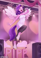 Size: 2480x3508 | Tagged: safe, alternate version, artist:pwnagespartan, imported from derpibooru, pipp petals, anthro, pegasus, unguligrade anthro, adorapipp, adorasexy, breasts, clothes, cute, dress, eyes closed, female, flying, g5, headband, high res, hooves, legs, lips, microphone, nail polish, open mouth, open smile, pants, partially open wings, sexy, singing, smiling, solo, speaker, stage, strapless, wings