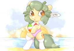 Size: 2388x1668 | Tagged: safe, artist:mushy, imported from derpibooru, oc, oc only, oc:pea, cat, cat pony, original species, pegasus, pony, beach, beach ball, beach day, clothes, female, filly, foal, ocean, socks, solo, thigh highs, water