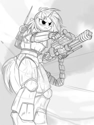 Size: 1500x2000 | Tagged: safe, artist:ruhisu, imported from derpibooru, dj pon-3, vinyl scratch, anthro, unicorn, commission, dune, dune ii, female, grayscale, harkonnen, mare, minigun, monochrome, powered exoskeleton, solo, standing, trooper, warface, wip