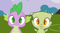 Size: 1366x768 | Tagged: safe, artist:queencold, edit, edited screencap, imported from derpibooru, screencap, spike, oc, oc:jade (queencold), dragon, friendship is magic, season 1, baby, baby dragon, dragon wings, dragoness, fangs, female, horns, male, wings