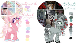 Size: 1280x728 | Tagged: safe, artist:mint-light, artist:vernorexia, imported from derpibooru, oc, bat pony, earth pony, pegasus, pony, adoptable, adoptable open, aesthetics, bandaid, bandaid on nose, base used, blushing, candy, candy necklace, color palette, colored hooves, cracked, duo, fangs, flower, flower in hair, food, for sale, goth, gradient mane, gray coat, gray mane, green eyes, hairclip, jewelry, letter, love letter, moodboard, necklace, pigtails, pink mane, purple eyes, reference sheet, rose, spread wings, sprinkles, thorn, vine, wings