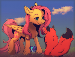 Size: 2421x1863 | Tagged: safe, artist:dark--drawz, artist:saberpolaris, imported from derpibooru, fluttershy, fox, pegasus, pony, blushing, cheek fluff, chest fluff, ear fluff, female, fluffy, folded wings, grass, high res, looking at each other, looking at someone, looking down, mare, open mouth, open smile, outdoors, sky, smiling, solo, standing, three quarter view, unshorn fetlocks, wings