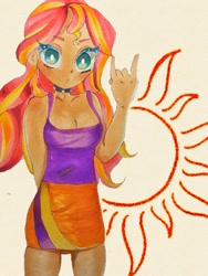 Size: 768x1024 | Tagged: safe, artist:h2o_omz, artist:jellyfish_k_r_g, imported from derpibooru, sunset shimmer, human, equestria girls, breasts, busty sunset shimmer, cleavage, clothes, devil horn (gesture), female, looking at you, simple background, solo