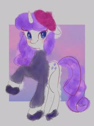 Size: 1536x2048 | Tagged: safe, artist:h2o_omz, artist:jellyfish_k_r_g, imported from derpibooru, rarity, pony, unicorn, beatnik rarity, beret, clothes, female, hat, horn, mare, raised hoof, simple background, solo, sweater