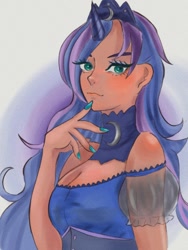 Size: 768x1024 | Tagged: safe, artist:h2o_omz, artist:jellyfish_k_r_g, imported from derpibooru, princess luna, human, clothes, female, horn, horned humanization, humanized, looking at you, simple background, solo