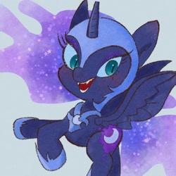 Size: 1280x1280 | Tagged: safe, artist:h2o_omz, artist:jellyfish_k_r_g, imported from derpibooru, nightmare moon, alicorn, pony, chibi, female, horn, looking at you, raised hoof, solo, wings