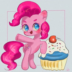 Size: 2048x2048 | Tagged: safe, artist:h2o_omz, artist:jellyfish_k_r_g, imported from derpibooru, pinkie pie, earth pony, pony, cupcake, female, food, gray background, mare, simple background, solo