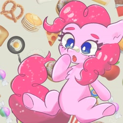 Size: 3024x3024 | Tagged: safe, artist:h2o_omz, artist:jellyfish_k_r_g, imported from derpibooru, pinkie pie, earth pony, pony, apple, chest fluff, donut, female, food, mare, pancakes, pizza, pretzel, solo