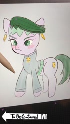 Size: 750x1334 | Tagged: safe, artist:h2o_omz, artist:jellyfish_k_r_g, imported from derpibooru, earth pony, pony, clothes, jojo's bizarre adventure, ponified, rohan kishibe, to be continued