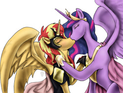 Size: 962x723 | Tagged: safe, artist:masterdarhil, imported from derpibooru, sunset shimmer, twilight sparkle, alicorn, pony, equestria girls, the last problem, alicornified, armor, digital art, fanfic art, female, helmet, kiss on the lips, kissing, lesbian, older, older twilight, princess twilight 2.0, race swap, shimmercorn, shipping, simple background, sunsetsparkle, twilight sparkle (alicorn), white background