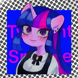 Size: 1637x1640 | Tagged: safe, artist:h2o_omz, artist:jellyfish_k_r_g, imported from derpibooru, twilight sparkle, anthro, clothes, female, horn, looking at you, polka dot background, simple background, solo, white background