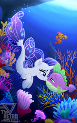 Size: 1685x2659 | Tagged: safe, artist:theretroart88, imported from derpibooru, rarity, spike, fish, puffer fish, seapony (g4), starfish, unicorn, my little pony: the movie, blue eyes, blue mane, blushing, bubble, coral, crepuscular rays, digital art, dorsal fin, duo, female, fins, fish tail, fishified, flowing mane, flowing tail, green eyes, high res, interspecies, kiss on the lips, kissing, lidded eyes, logo, looking at each other, looking at someone, male, mare, ocean, seaponified, seapony rarity, shipping, smiling, smiling at each other, sparity, species swap, spike the pufferfish, straight, sunlight, swimming, tail, underwater, water, watermark