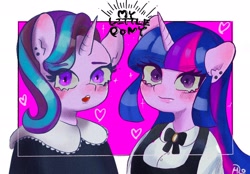 Size: 2048x1423 | Tagged: safe, artist:h2o_omz, artist:jellyfish_k_r_g, imported from derpibooru, starlight glimmer, twilight sparkle, anthro, unicorn, duo, duo female, female, heart, horn, looking at you, mare, simple background, white background