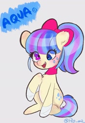 Size: 1423x2048 | Tagged: safe, artist:h2o_omz, artist:jellyfish_k_r_g, imported from derpibooru, oc, oc only, earth pony, pony, bandage, bow, choker, cross-eyed, derp, eye clipping through hair, female, gray background, hair bow, heterochromia, mare, raised hoof, simple background, sitting, solo, torn ear
