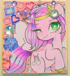 Size: 2538x2754 | Tagged: safe, artist:h2o_omz, artist:jellyfish_k_r_g, imported from derpibooru, pipp petals, pegasus, pony, female, g5, heart, looking at you, mare, one eye closed, solo, stars, traditional art, wings, wink, winking at you