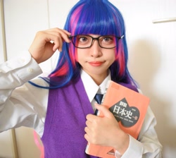 Size: 3047x2729 | Tagged: safe, artist:h2o_omz, artist:jellyfish_k_r_g, imported from derpibooru, twilight sparkle, human, book, clothes, cosplay, costume, glasses, irl, irl human, japanese, photo