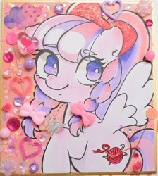 Size: 3277x3653 | Tagged: safe, artist:h2o_omz, artist:jellyfish_k_r_g, imported from derpibooru, oc, oc only, pegasus, pony, bow, eye clipping through hair, hair bow, heart, looking at you, traditional art, wings