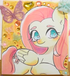 Size: 3396x3694 | Tagged: safe, artist:h2o_omz, artist:jellyfish_k_r_g, imported from derpibooru, fluttershy, butterfly, pegasus, pony, female, mare, solo, traditional art, wings