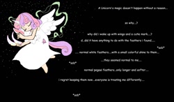 Size: 1152x674 | Tagged: safe, artist:applecider1412, imported from derpibooru, sweetie belle, human, rabbit, animal, crying, dialogue, eyes closed, feather, female, flying, horn, horned humanization, humanized, implied princess celestia, magic, night, plushie, sad, sleeping, stars, text, winged humanization, wings