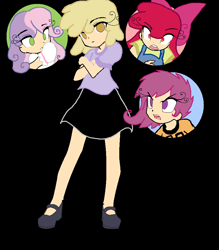 Size: 828x944 | Tagged: safe, artist:applecider1412, imported from derpibooru, apple bloom, dinky hooves, scootaloo, sweetie belle, human, angry, black background, bow, clothes, confused, crossed arms, cutie mark crusaders, frown, hair bow, humanized, shirt, shoes, simple background, skirt