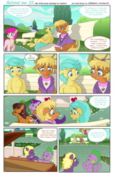 Size: 1536x2346 | Tagged: safe, artist:jeremy3, imported from derpibooru, ms. harshwhinny, spike, sunshower raindrops, oc, oc:valentine, dragon, earth pony, pegasus, pony, unicorn, comic:behind me, alternate universe, bench, clothes, comic, house, musical instrument, piano, ponyville