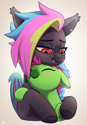 Size: 700x1000 | Tagged: safe, artist:luminousdazzle, imported from derpibooru, oc, oc:black opal, bat pony, pegasus, pony, bat pony oc, cute, duo, duo female, ear fluff, ear piercing, embrace, female, hug, looking down, luminous dazzle, mare, piercing, simple background, smiling