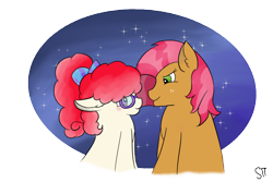 Size: 1800x1200 | Tagged: safe, artist:schumette14, imported from derpibooru, babs seed, twist, adult, babstwist, couple, female, lesbian, love, shipping, simple background, stars, transparent background