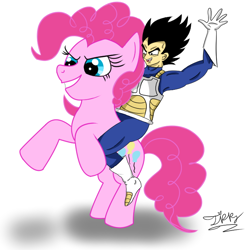 Size: 694x696 | Tagged: safe, artist:thetrippytippy, imported from derpibooru, pinkie pie, earth pony, human, pony, crossover, dragon ball, female, male, mare, rearing, riding a pony, signature, simple background, smiling, vegeta, white background
