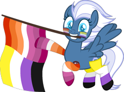 Size: 1229x908 | Tagged: safe, artist:yeetmedownthestairs, imported from derpibooru, night glider, pegasus, pony, clothes, comments locked down, commission, cute, face paint, flag, grin, lesbian pride flag, mouth hold, nonbinary, nonbinary pride flag, pride, pride flag, pride month, raised hoof, raised leg, simple background, smiling, socks, solo, striped socks, tattoo, transparent background, ych result