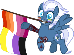 Size: 1229x908 | Tagged: safe, alternate version, artist:yeetmedownthestairs, imported from derpibooru, night glider, pegasus, pony, commission, cute, face paint, flag, grin, lesbian pride flag, mouth hold, nonbinary, nonbinary pride flag, pride, pride flag, pride month, raised hoof, raised leg, simple background, smiling, solo, tattoo, transparent background, ych result