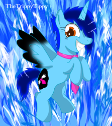 Size: 848x950 | Tagged: safe, artist:thetrippytippy, imported from derpibooru, oc, oc only, oc:tiefly, alicorn, pony, female, flying, horn, mare, necktie, smiling, spread wings, wings