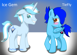 Size: 924x666 | Tagged: safe, artist:thetrippytippy, imported from derpibooru, oc, oc only, oc:ice gem, oc:tiefly, pegasus, pony, unicorn, female, floppy ears, horn, male, mare, smiling, stallion, text, wings