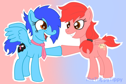 Size: 3700x2452 | Tagged: safe, artist:thetrippytippy, imported from derpibooru, oc, oc only, oc:scarlet voyage, oc:tiefly, pegasus, pony, female, hoofbump, mare, necktie, open mouth, smiling, spread wings, text, wings