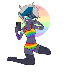 Size: 2027x2093 | Tagged: safe, artist:cindystarlight, artist:idkhesoff, imported from derpibooru, oc, oc only, oc:elizabat stormfeather, human, equestria girls, base used, bedroom eyes, belly button, bisexual pride flag, bodypaint, bra, breasts, cellphone, clothes, equestria girls-ified, face paint, female, heart, lesbian pride flag, nonbinary pride flag, pansexual pride flag, phone, pride, pride flag, pride month, rainbow, selfie, simple background, smartphone, socks, solo, stocking feet, stockings, thigh highs, transgender pride flag, underwear, white background