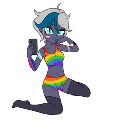 Size: 2027x2093 | Tagged: safe, alternate version, artist:cindystarlight, artist:idkhesoff, imported from derpibooru, oc, oc only, oc:elizabat stormfeather, human, equestria girls, base used, bedroom eyes, belly button, bisexual pride flag, bodypaint, bra, breasts, cellphone, clothes, equestria girls-ified, face paint, female, heart, lesbian pride flag, nonbinary pride flag, pansexual pride flag, phone, pride, pride flag, pride month, rainbow, selfie, simple background, smartphone, socks, solo, stocking feet, stockings, thigh highs, transgender pride flag, transparent background, underwear