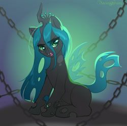 Size: 2740x2705 | Tagged: safe, artist:monstrum, imported from derpibooru, queen chrysalis, changepony, hybrid, pony, chains, crown, cute, cutealis, eye clipping through hair, fangs, horn, jewelry, open mouth, ponified, regalia, sketch, species swap