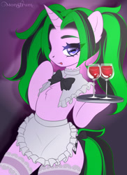 Size: 2324x3190 | Tagged: safe, artist:monstrum, imported from derpibooru, oc, pony, semi-anthro, clothes, commission, green hair, horn, lace, looking at you, maid, smiling, stockings, thigh highs, waitress