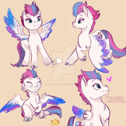 Size: 1280x1280 | Tagged: safe, artist:cloudpeakskate, imported from derpibooru, zipp storm, pegasus, pony, cloven hooves, colored wings, crown, deviantart watermark, doodle, female, g5, jewelry, mare, my little pony: a new generation, obtrusive watermark, regalia, simple background, solo, spread wings, tan background, watermark, wings