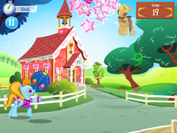 Size: 2048x1536 | Tagged: safe, imported from derpibooru, rivet, turf, earth pony, pony, ball, clock, clothes, construction pony, error, female, fence, game, game screencap, gameloft, gameloft shenanigans, gem, glitch, hard hat, hat, male, mare, pause, ponytail, ponyville schoolhouse, stallion, stars, tree, watch