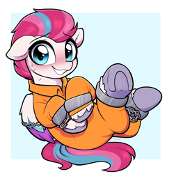 Size: 3000x3000 | Tagged: safe, artist:moozua, imported from derpibooru, zipp storm, pegasus, pony, blushing, bound wings, chains, clothes, commission, cuffed, cuffs, g5, grin, high res, nervous, nervous grin, never doubt rainbowdash69's involvement, prison outfit, prisoner, smiling, solo, sweat, sweatdrop, underhoof, wings